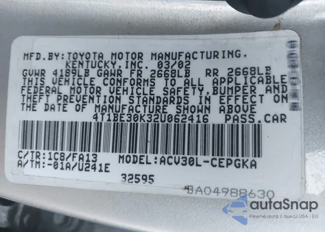 2002 Toyota Camry Xle from USA, damaged, VIN 4T1BE30K32U062416